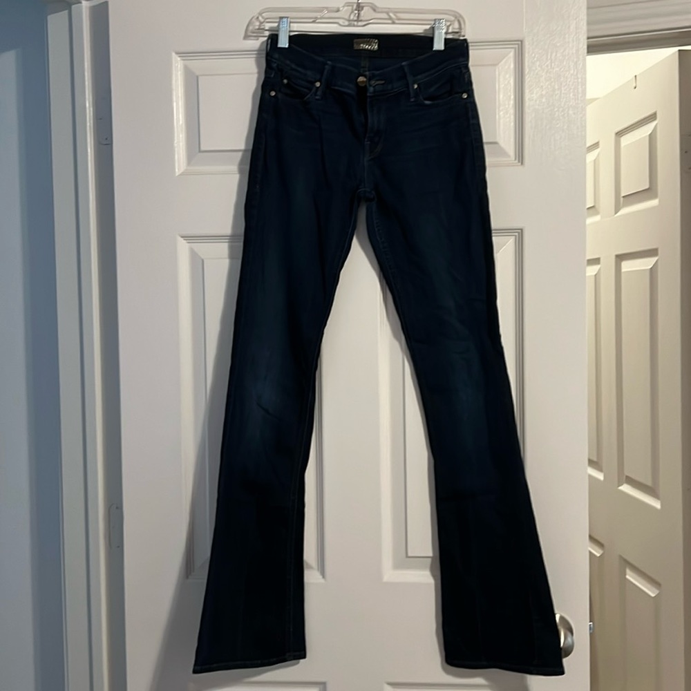 Mother dark wash distressed flare